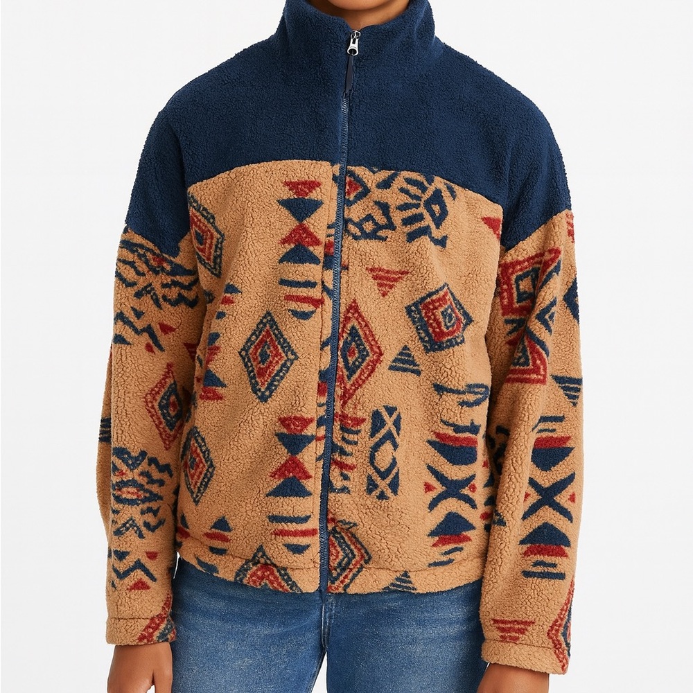 River Trail Unisex Aztec Patterned fleece Jacket- Blue and Tan size 2xl
